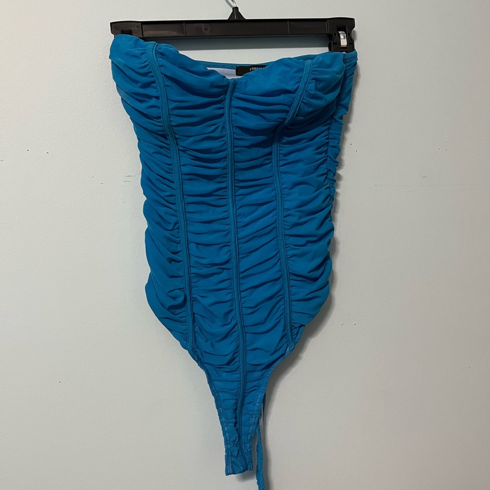 Ribbed, blue, strapless, body suit